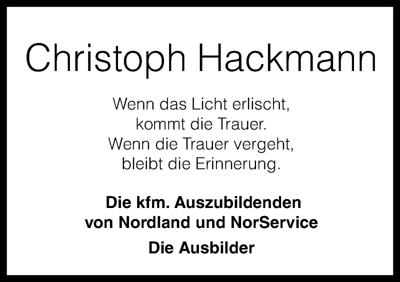  Traueranzeige für Christoph Hackmann vom 28.01.2014 aus Neue Osnabrücker Zeitung GmbH & Co. KG