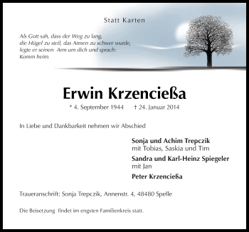Traueranzeige von Erwin Krzencießa von Neue Osnabrücker Zeitung GmbH & Co. KG