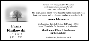 Traueranzeige von Franz Flisikowski von Neue Osnabrücker Zeitung GmbH & Co. KG