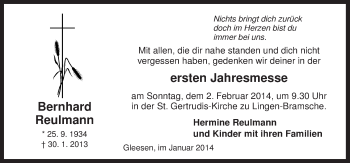 Traueranzeige von Bernhard Reulmann von Neue Osnabrücker Zeitung GmbH & Co. KG