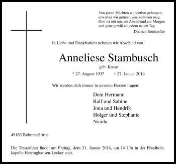 Traueranzeige von Anneliese Stambusch von Neue Osnabrücker Zeitung GmbH & Co. KG