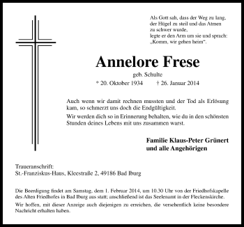 Traueranzeige von Annelore Frese von Neue Osnabrücker Zeitung GmbH & Co. KG