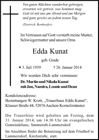 Traueranzeige von Edda Kunat von Neue Osnabrücker Zeitung GmbH & Co. KG