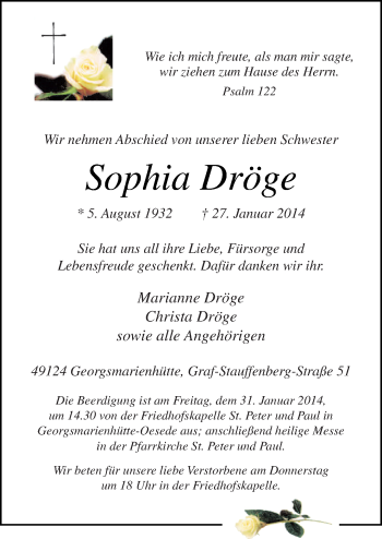 Traueranzeige von Sophia Dröge von Neue Osnabrücker Zeitung GmbH & Co. KG
