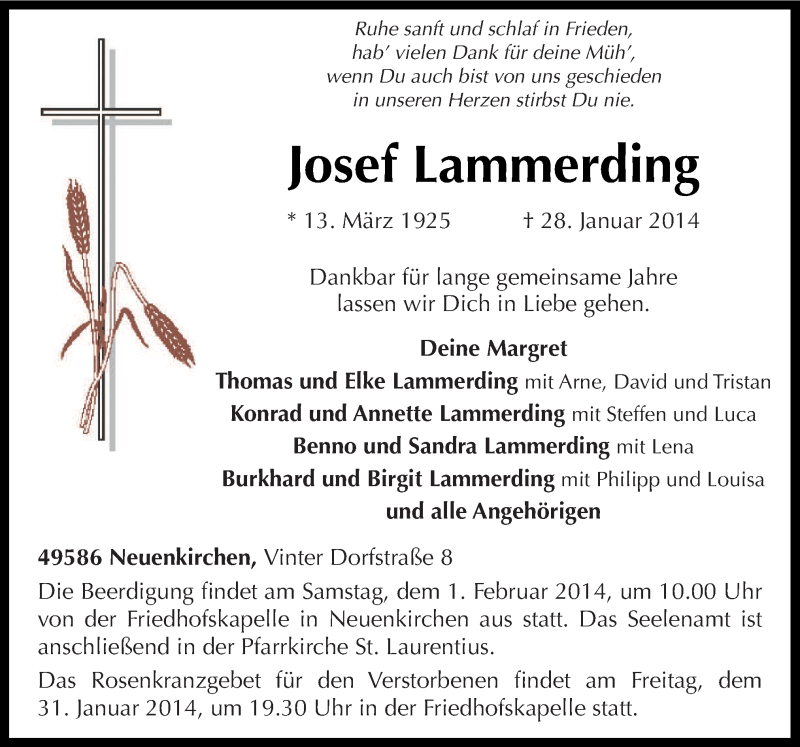 Traueranzeige für Josef Lammerding vom 30.01.2014 aus Neue Osnabrücker Zeitung GmbH & Co. KG