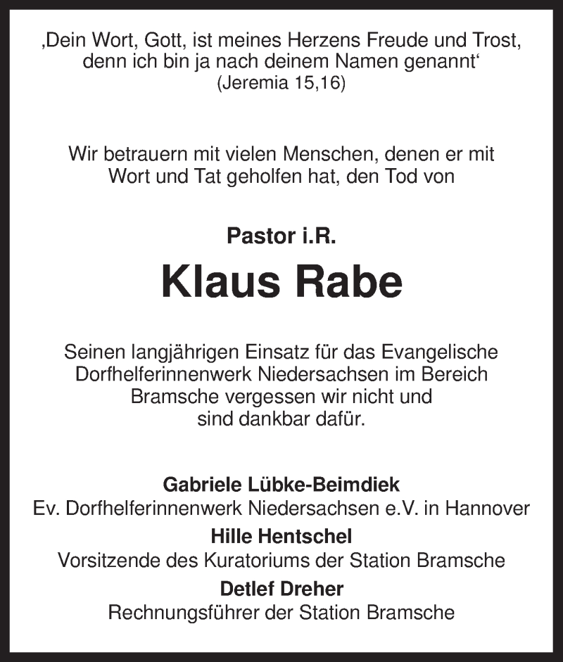  Traueranzeige für Klaus Rabe vom 31.01.2014 aus Neue Osnabrücker Zeitung GmbH & Co. KG