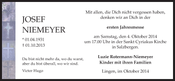 Traueranzeige von Josef Niemeyer von Neue Osnabrücker Zeitung GmbH & Co. KG