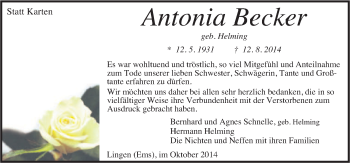 Traueranzeige von Antonia Becker von Neue Osnabrücker Zeitung GmbH & Co. KG