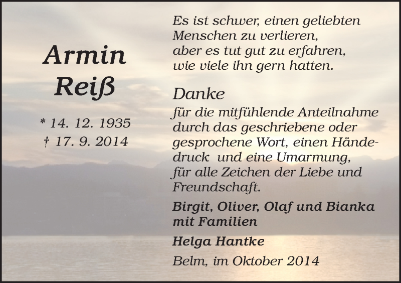  Traueranzeige für Armin Reiß vom 04.10.2014 aus Neue Osnabrücker Zeitung GmbH & Co. KG