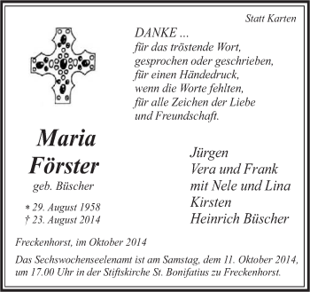 Traueranzeige von Maria Förster von Neue Osnabrücker Zeitung GmbH & Co. KG