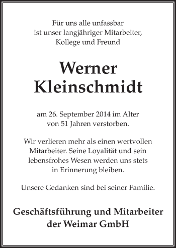 Traueranzeige von Werner Kleinschmidt von Neue Osnabrücker Zeitung GmbH & Co. KG