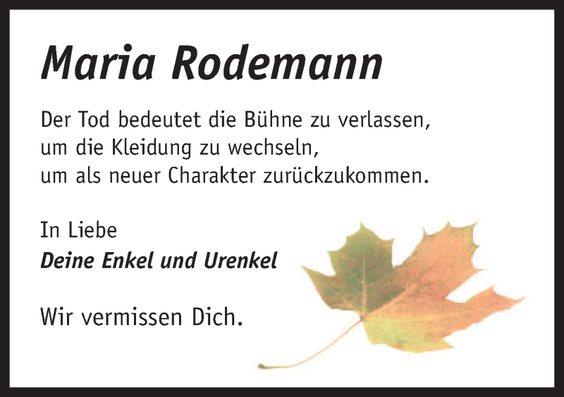  Traueranzeige für Maria Rodemann vom 01.10.2014 aus Neue Osnabrücker Zeitung GmbH & Co. KG