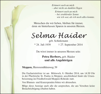 Traueranzeige von Selma Haider von Neue Osnabrücker Zeitung GmbH & Co. KG