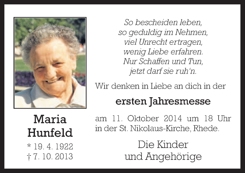  Traueranzeige für Maria Hunfeld vom 10.10.2014 aus Neue Osnabrücker Zeitung GmbH & Co. KG