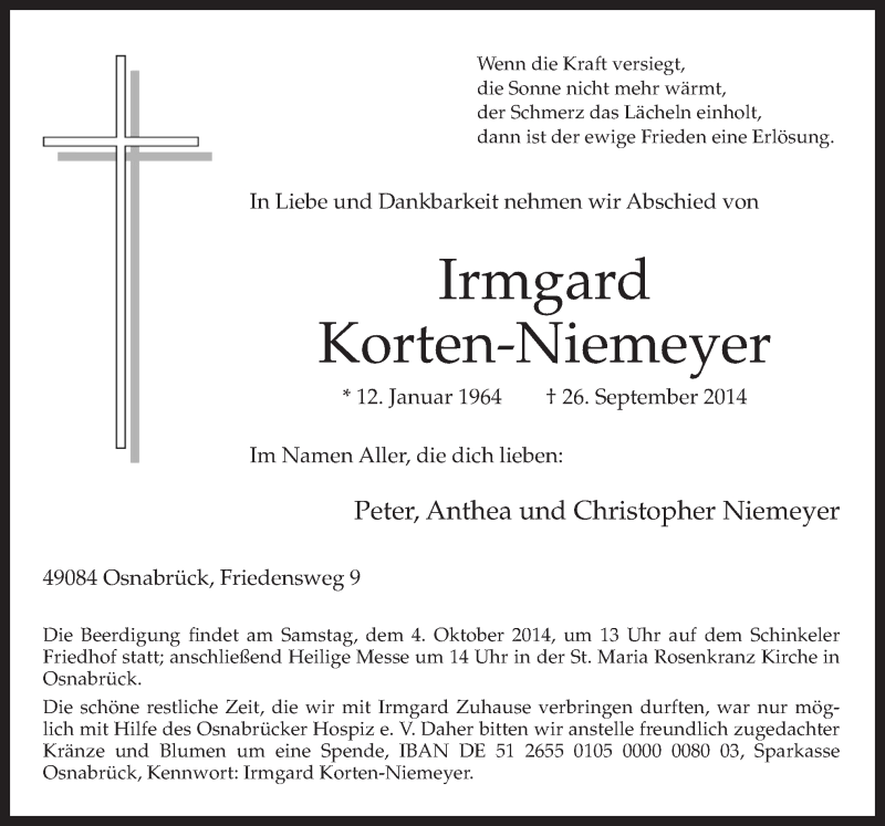  Traueranzeige für Irmgard Korten-Niemeyer vom 01.10.2014 aus Neue Osnabrücker Zeitung GmbH & Co. KG