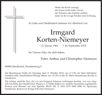 Traueranzeige von Irmgard Korten-Niemeyer von Neue Osnabrücker Zeitung GmbH & Co. KG