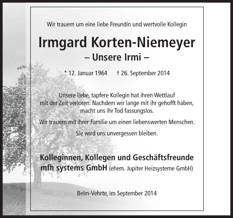  Traueranzeige für Irmgard Korten-Niemeyer vom 01.10.2014 aus Neue Osnabrücker Zeitung GmbH & Co. KG