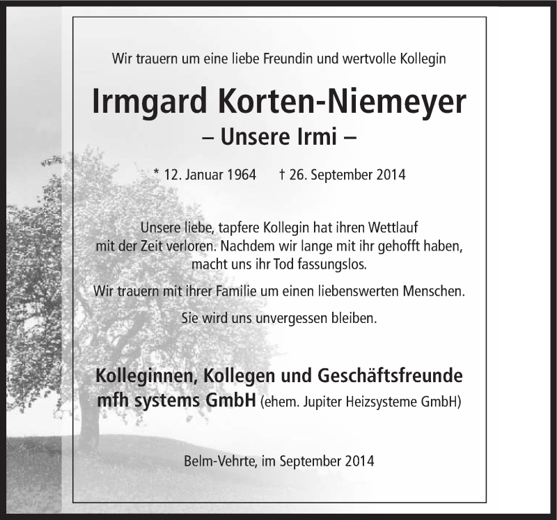  Traueranzeige für Irmgard Korten-Niemeyer vom 02.10.2014 aus Neue Osnabrücker Zeitung GmbH & Co. KG