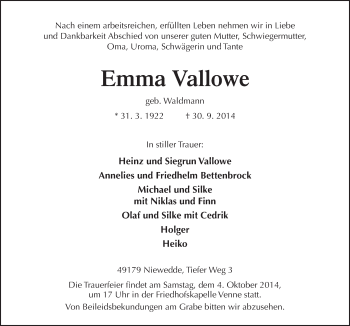 Traueranzeige von Emma Vallowe von Neue Osnabrücker Zeitung GmbH & Co. KG