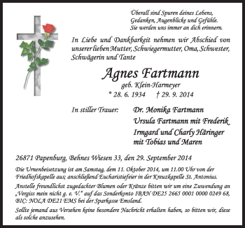 Traueranzeige von Agnes Fartmann von Neue Osnabrücker Zeitung GmbH & Co. KG