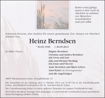 Traueranzeige von Heinz Berndsen von Neue Osnabrücker Zeitung GmbH & Co. KG