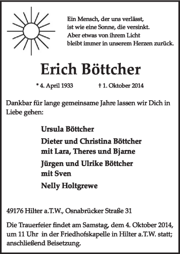 Traueranzeige von Erich Böttcher von Neue Osnabrücker Zeitung GmbH & Co. KG