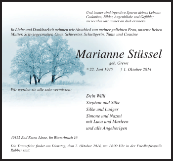 Traueranzeige von Marianne Stüssel von Neue Osnabrücker Zeitung GmbH & Co. KG