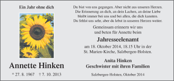 Traueranzeige von Annette Hinken von Neue Osnabrücker Zeitung GmbH & Co. KG