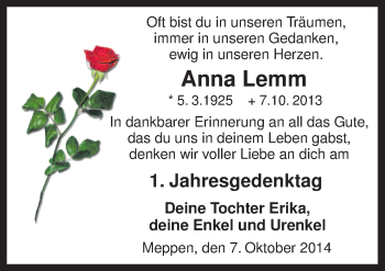 Traueranzeige von Anna Lemm von Neue Osnabrücker Zeitung GmbH & Co. KG