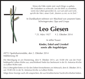 Traueranzeige von Leo Giesen von Neue Osnabrücker Zeitung GmbH & Co. KG