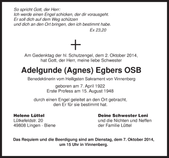 Traueranzeige von Adelgunde Egbers von Neue Osnabrücker Zeitung GmbH & Co. KG