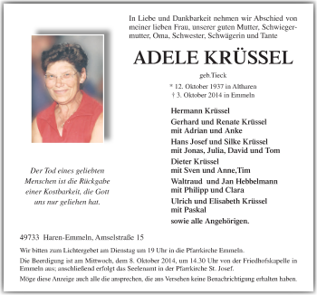 Traueranzeige von Adele Krüssel von Neue Osnabrücker Zeitung GmbH & Co. KG