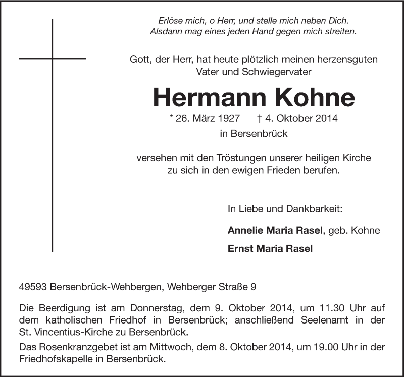  Traueranzeige für Hermann Kohne vom 06.10.2014 aus Neue Osnabrücker Zeitung GmbH & Co. KG