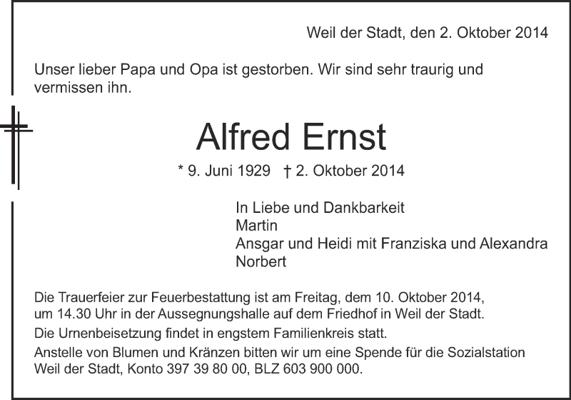  Traueranzeige für Alfred Ernst vom 07.10.2014 aus Neue Osnabrücker Zeitung GmbH & Co. KG