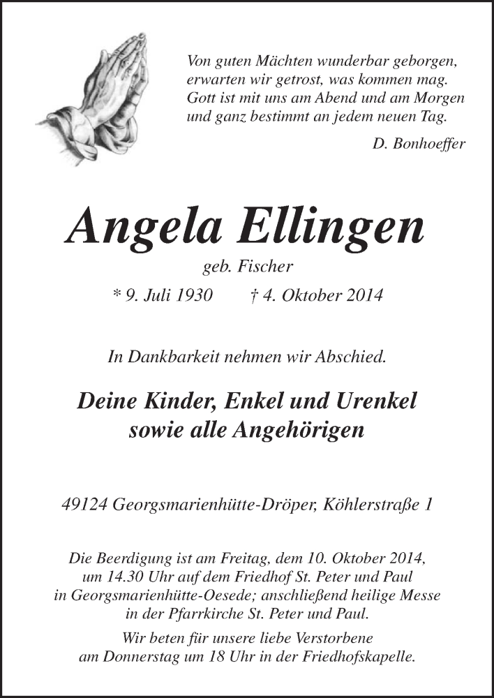  Traueranzeige für Angela Ellingen vom 07.10.2014 aus Neue Osnabrücker Zeitung GmbH & Co. KG