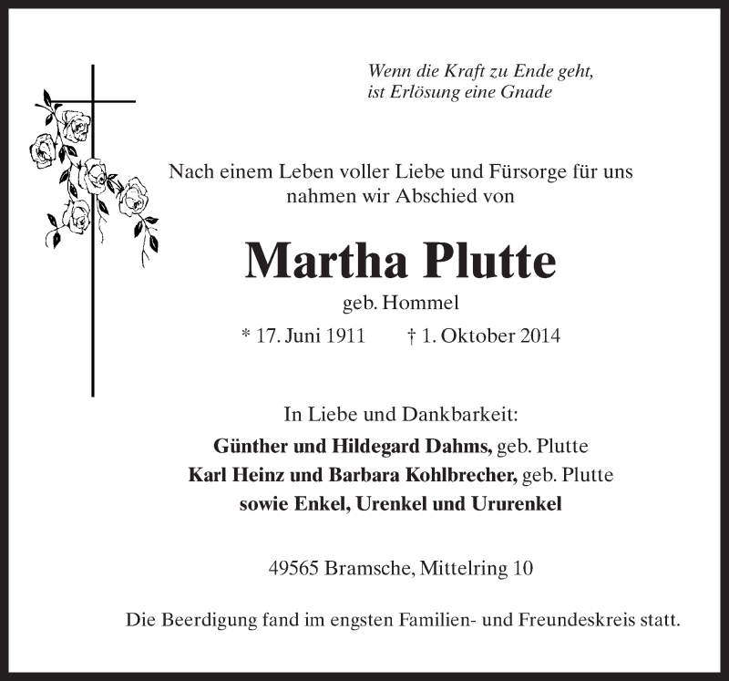 Traueranzeigen Von Martha Plutte | Noz Trauerportal