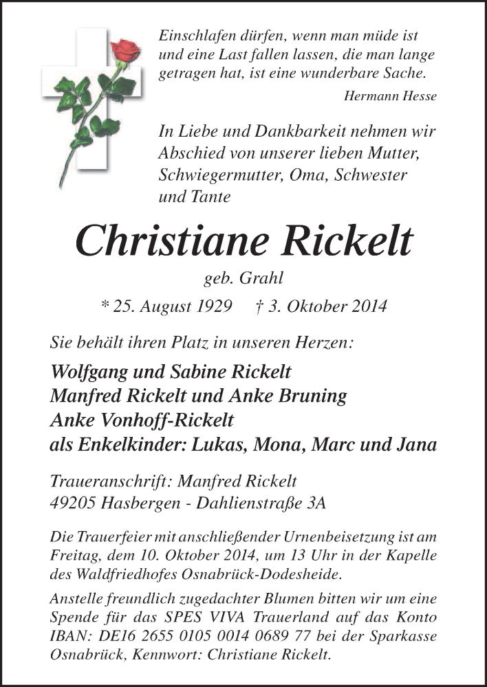  Traueranzeige für Christiane Rickelt vom 08.10.2014 aus Neue Osnabrücker Zeitung GmbH & Co. KG