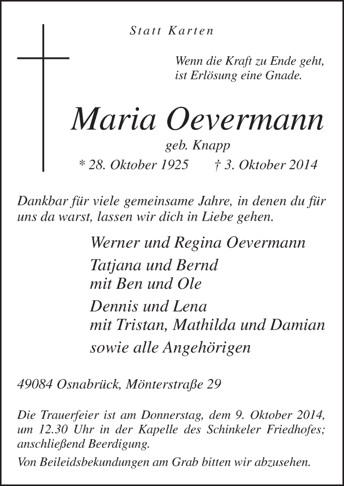  Traueranzeige für Maria Oevermann vom 07.10.2014 aus Neue Osnabrücker Zeitung GmbH & Co. KG