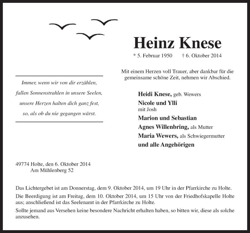  Traueranzeige für Heinz Knese vom 08.10.2014 aus Neue Osnabrücker Zeitung GmbH & Co. KG