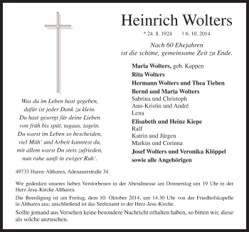 Traueranzeige von Heinrich Wolters von Neue Osnabrücker Zeitung GmbH & Co. KG