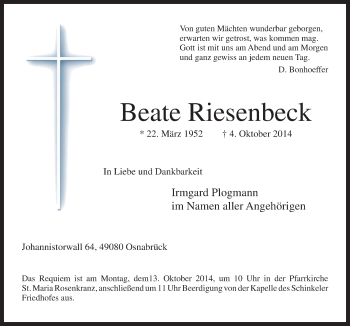 Traueranzeige von Beate Riesenbeck von Neue Osnabrücker Zeitung GmbH & Co. KG