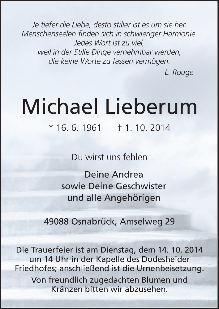  Traueranzeige für Michael Lieberum vom 08.10.2014 aus Neue Osnabrücker Zeitung GmbH & Co. KG