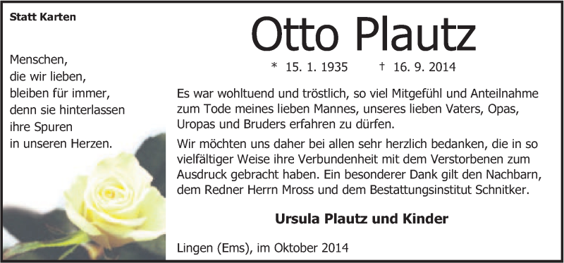  Traueranzeige für Otto Plautz vom 11.10.2014 aus Neue Osnabrücker Zeitung GmbH & Co. KG