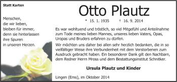 Traueranzeige von Otto Plautz von Neue Osnabrücker Zeitung GmbH & Co. KG