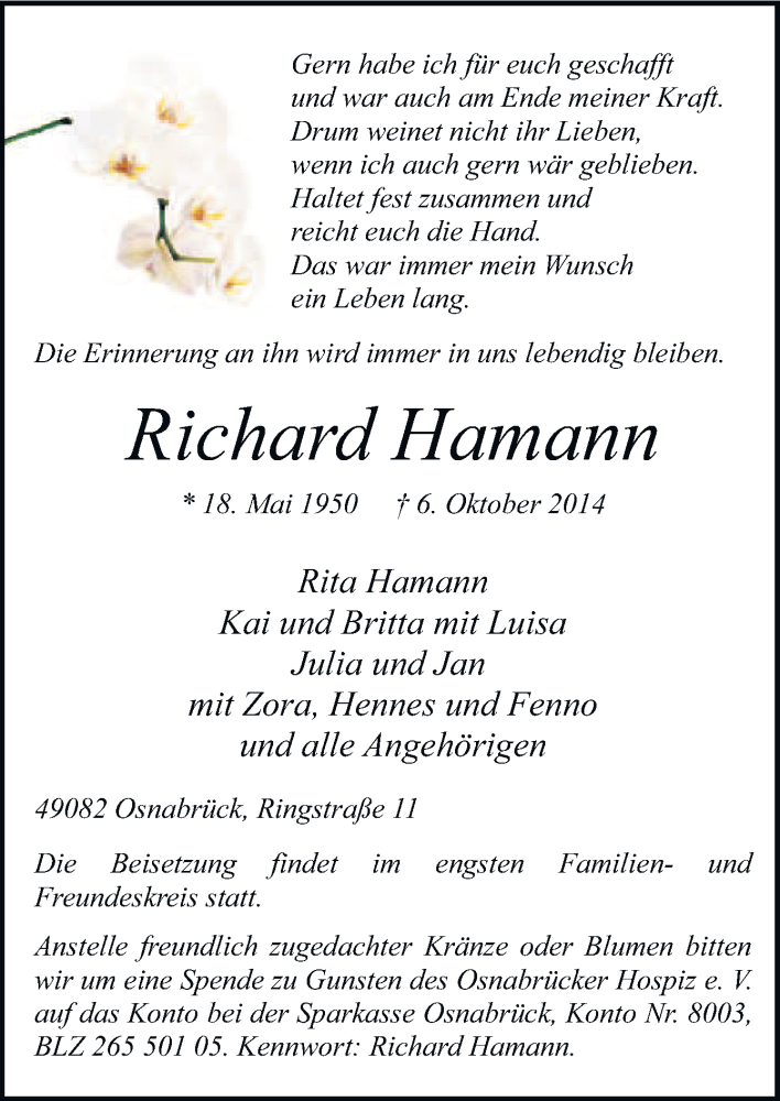  Traueranzeige für Richard Hamann vom 08.10.2014 aus Neue Osnabrücker Zeitung GmbH & Co. KG