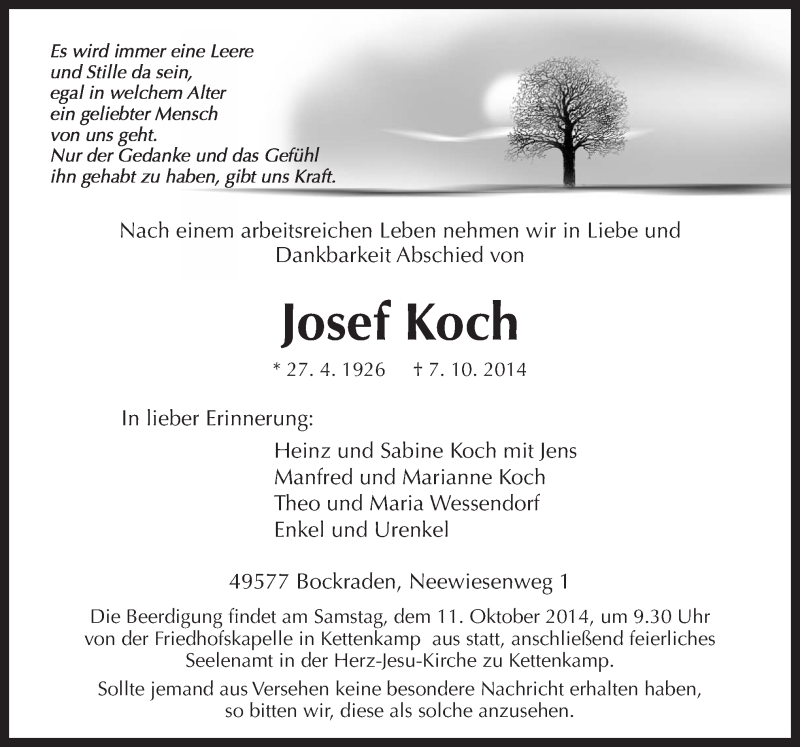  Traueranzeige für Josef Koch vom 09.10.2014 aus Neue Osnabrücker Zeitung GmbH & Co. KG