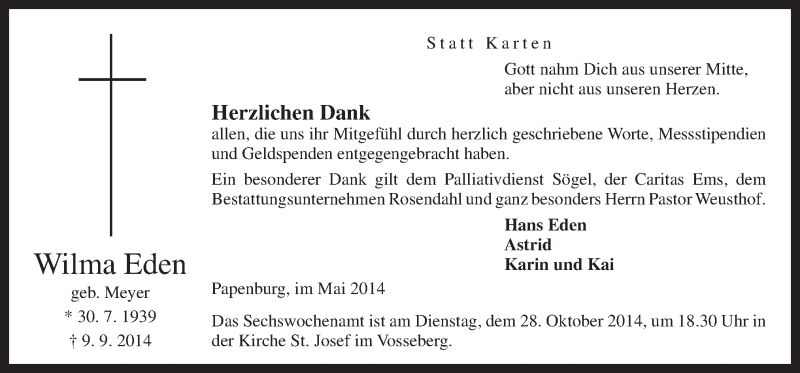  Traueranzeige für Wilma Eden vom 24.10.2014 aus Neue Osnabrücker Zeitung GmbH & Co. KG