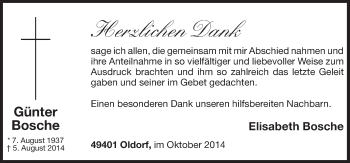 Traueranzeige von Günter Bosche von Neue Osnabrücker Zeitung GmbH & Co. KG