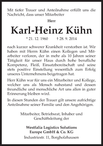 Traueranzeige von Karl-Heinz Kühn von Neue Osnabrücker Zeitung GmbH & Co. KG