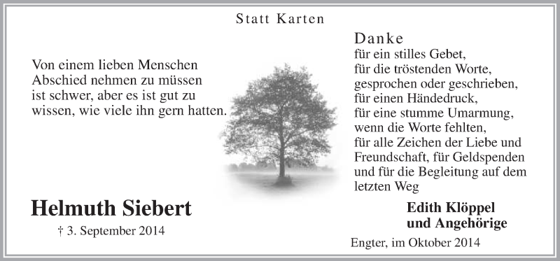  Traueranzeige für Helmuth Siebert vom 11.10.2014 aus Neue Osnabrücker Zeitung GmbH & Co. KG